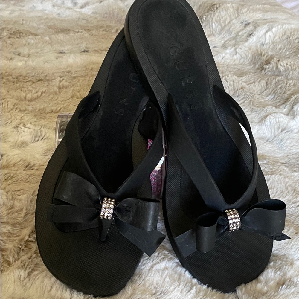 GUESS Black Rhinestone Bow Sandals